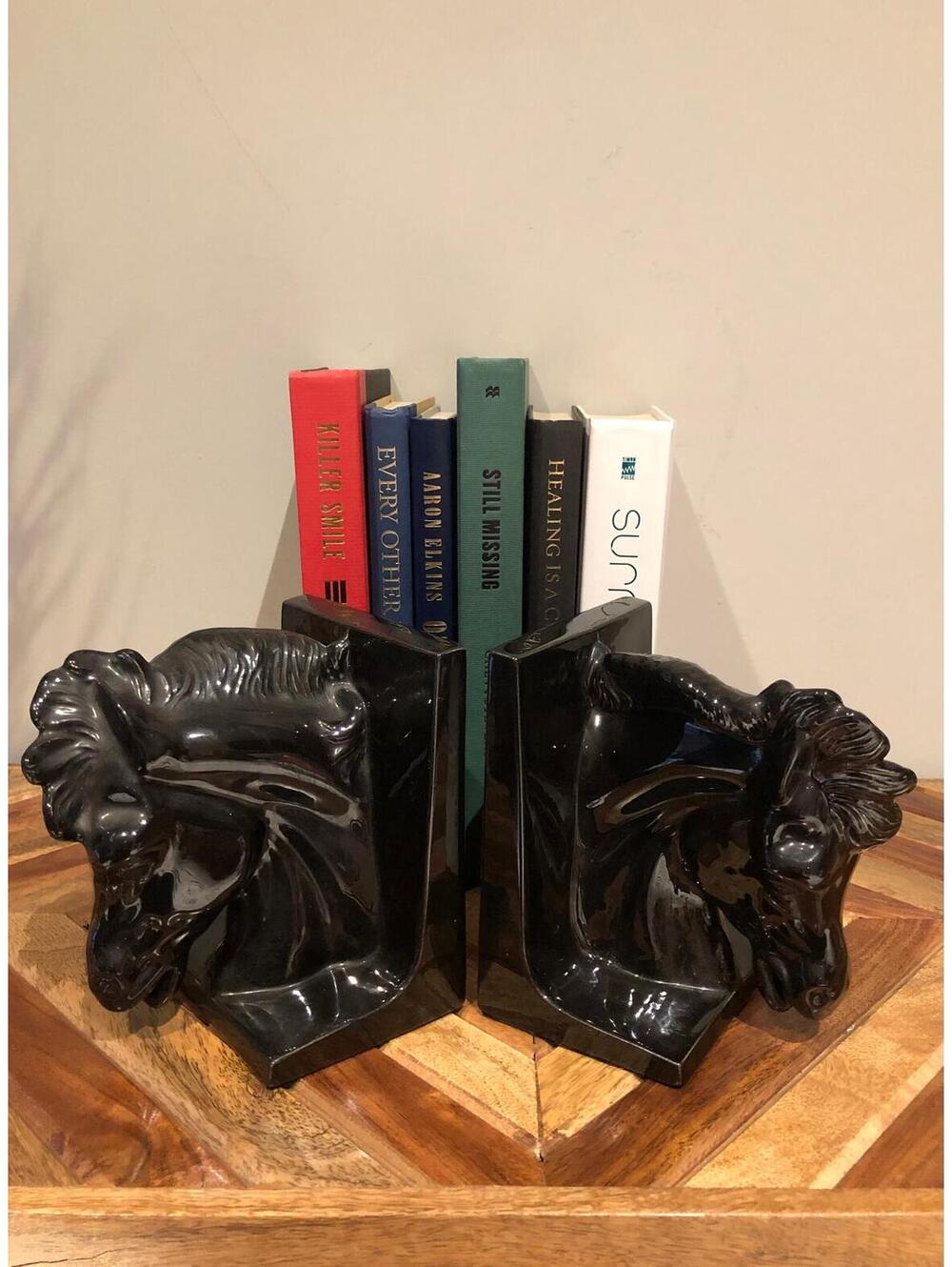 Vintage Black Ceramic Horse Head Bookends High Gloss Equestrian Decor Set of 2